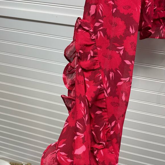 LUSH Cropped Long Sleeve Tie Front Open Back Red Floral Lined Top Size XL - Picture 8 of 15
